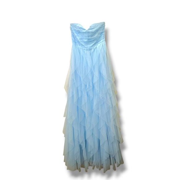 Lulus NWOT Delightful Beauty Blue Mesh Strapless Ruched Ruffled Maxi Dress - Picture 3 of 10